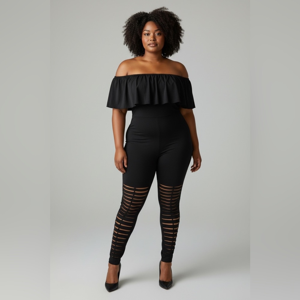 Active USA Black Off‑Shoulder Ruffle Jumpsuit – Stretch